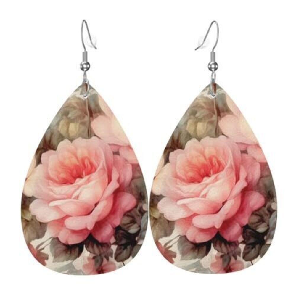 6995 Teardrop Faux Leather Earrings Vintage Rose Pattern Set Lightweight